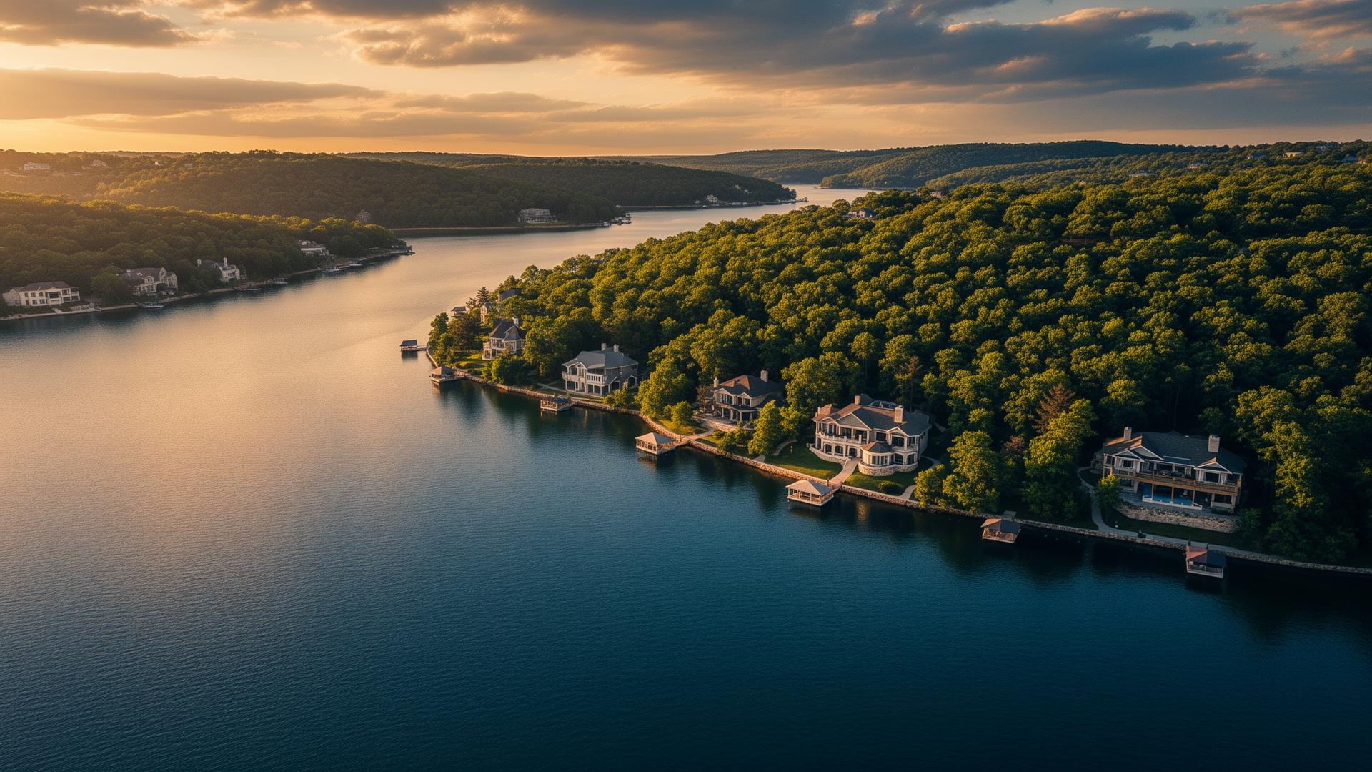 Aerial view of Lake of the Ozarks at golden hour